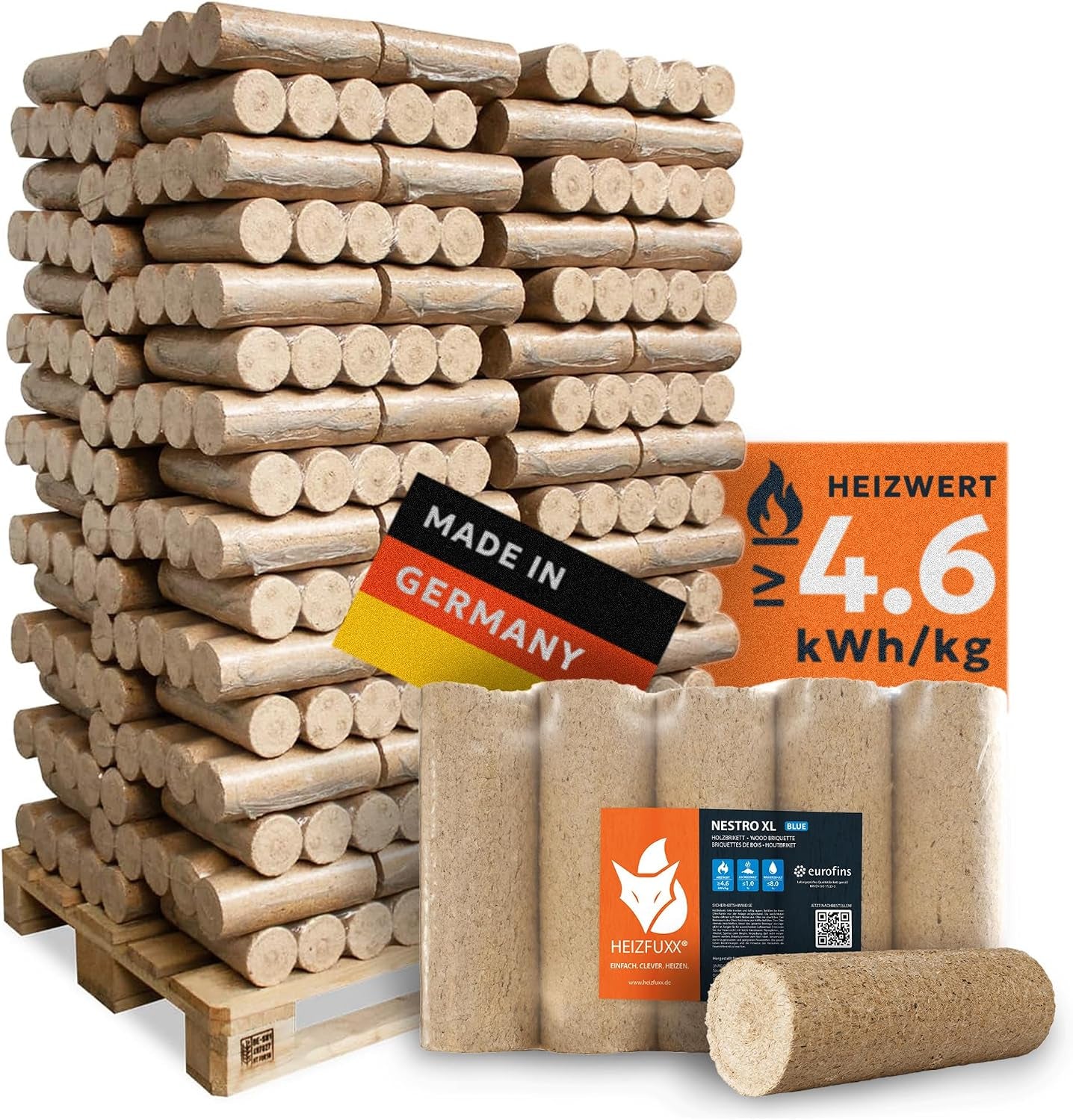 620f1ae563f0b8c1fdcef3b9c0ecbe41-1.jpg HEIZFUXX Nestro XL Blaue Weichholz-Briketts – 960 kg Palette (96 x 10 kg) – Premium-Briketts für Kamin, Heizkessel & Ofen – Hoher Heizwert & aschearm – Bild 1