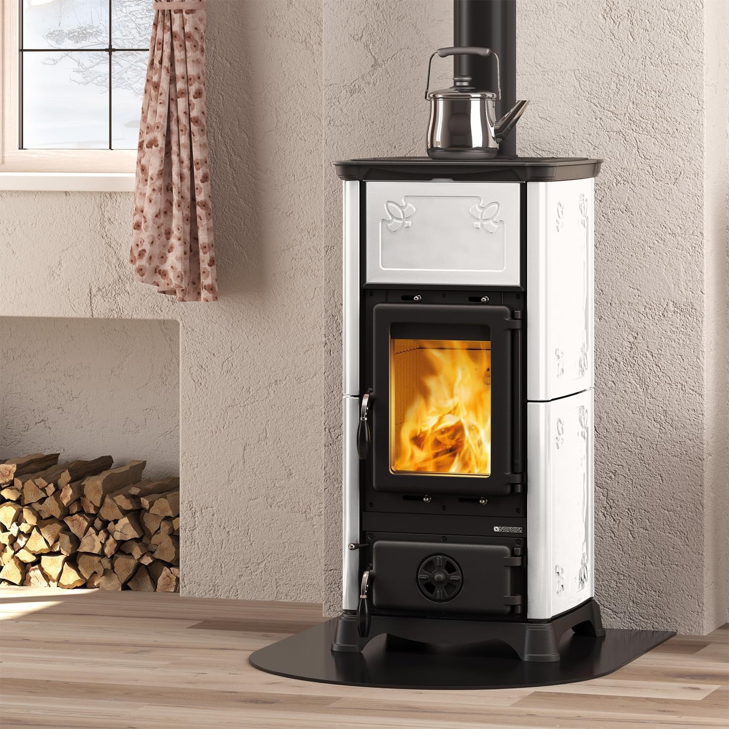 69555bbbc39cb7b6a85da5ded81cdf42-1.jpg La Nordica Emiliana freistehender Kaminofen – 6,5 kW, weiße Majolika – Bild 1