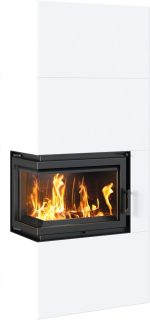KRATKI Simple Box Kamin – 8 kW – Moderner Eck-Kaminbausatz – Weißes Stahldesign – 2-seitige Panoramascheibe – Energieeffizienzklasse A – Schnelle Montage