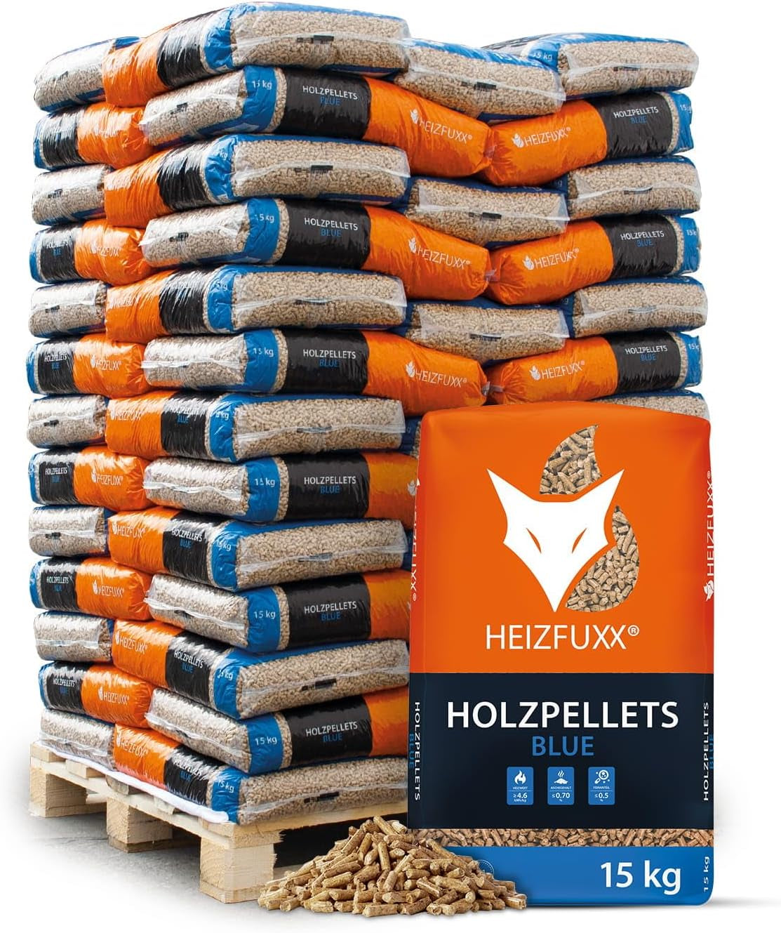 f39d114c4bed1973315de4984356e91f-1.jpg HEIZFUXX Premium Holzpellets (Blau) – 975 kg Palette (65 x 15 kg Säcke) – 6 mm Weichholz-Pellets, ENplus A1 zertifiziert, hoher Heizwert & aschearm – Bild 1